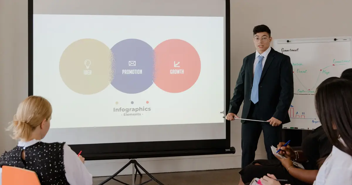 SEO report being presented to stakeholders on a large screen